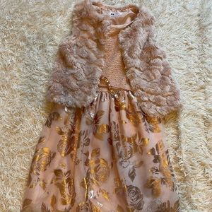 Blush pink and rose Gold dress and Faux fur vest